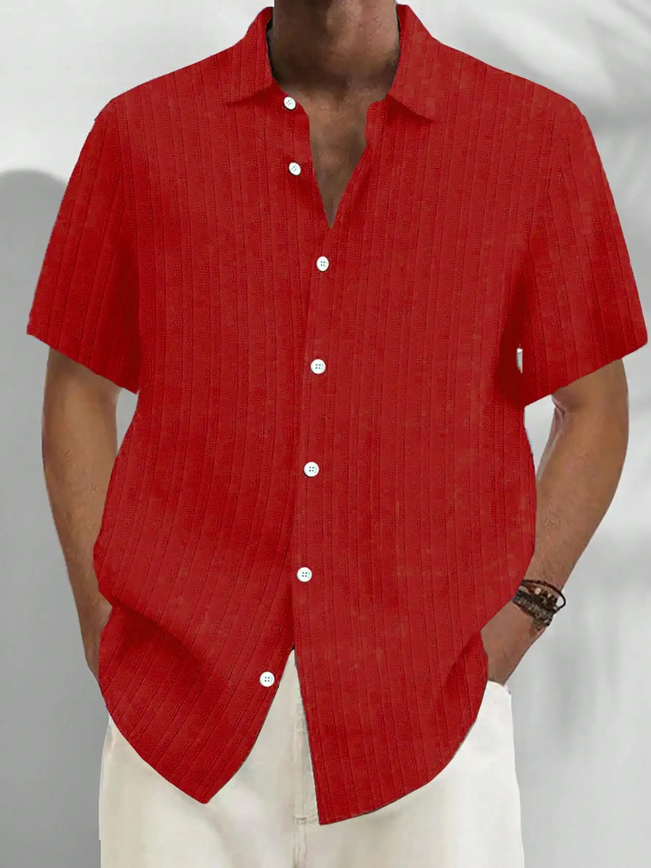 

Red Oversized Loose Button-Down Short Sleeve Shirt for Men