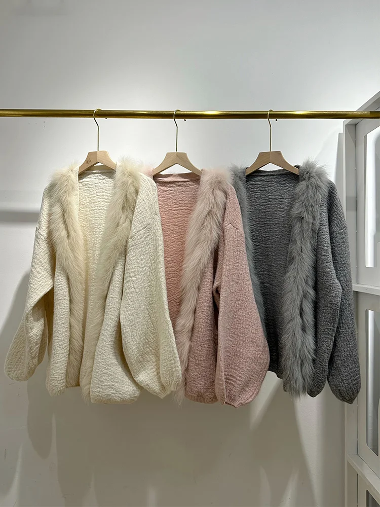2026 Autumn Winter Women Real Fox Fur Cardigan Knitted Jacket Decoration Lady's Sweater Coat Female OverSize Coat