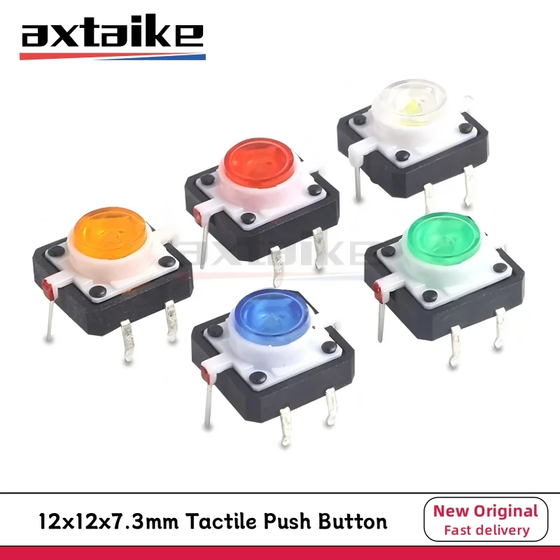 

5PCS 12*12*7.3mm Tactile Push Button Switch Momentary Tact LED 5 Color 12V DC 50mA Red Yellow Green Blue White Light 12×12×7.3mm