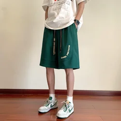 2023 Summer New Sports Loose American Vintage Fashion Casual All-match Solid Color Letter Printed Spliced Drawstring Shorts