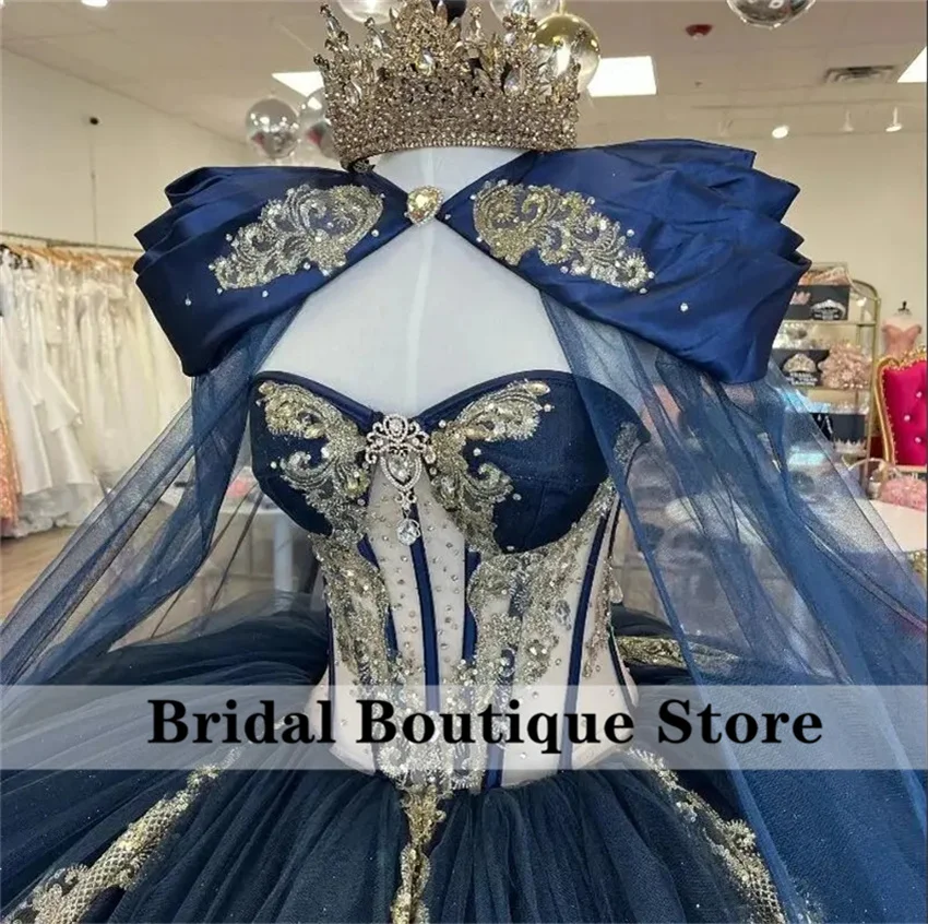 

Navy Blue Quinceanera Dress Sweet 16 Dress Wit Cape Sequins Appliques Crystals Beads Vestidos De 15 Años Ball Gown