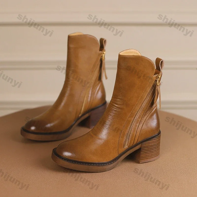 Women\'s Platform Chelsea Boots New Round Toe Chunky Heel Women Brown Ankle Boots Outdoor High Heel Leather Boots Zapatos Mujer