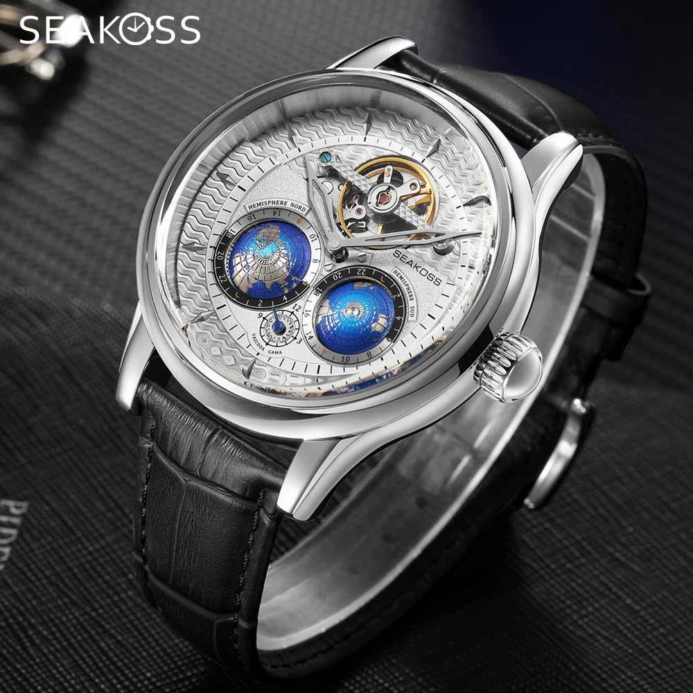 SEAKOSS 47 mm Double Earth Rotating Herren-Mechanische Uhr Automatikwerk Schwungrad-Armbanduhren 5 Bar Wasserdichtes Lederarmband