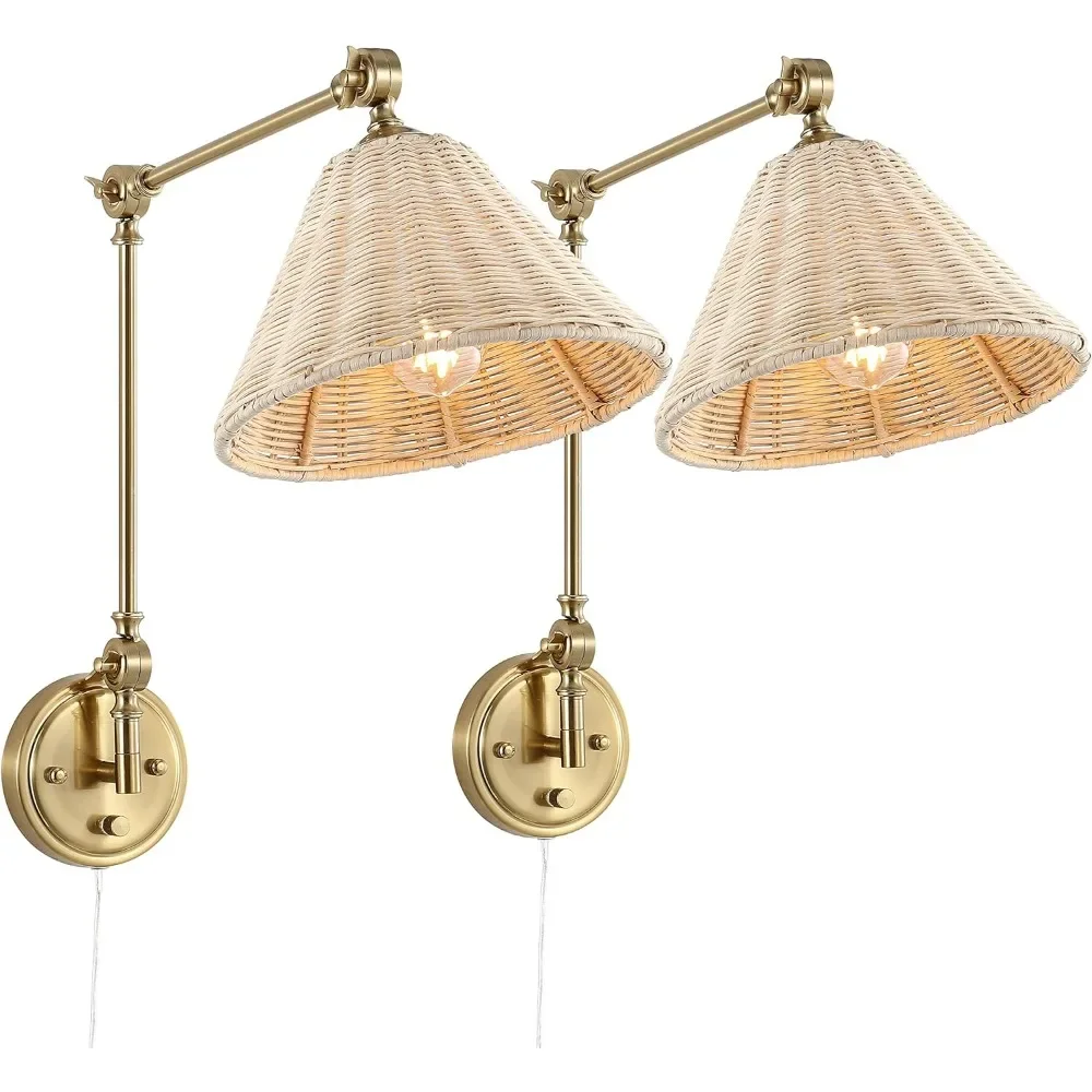 Wall Sconce Adjustable Swing Arm Wall Light Gold Vintage Bedside Light Fixture Wicker Handmade Shade Brass Reading Light (2Pack)