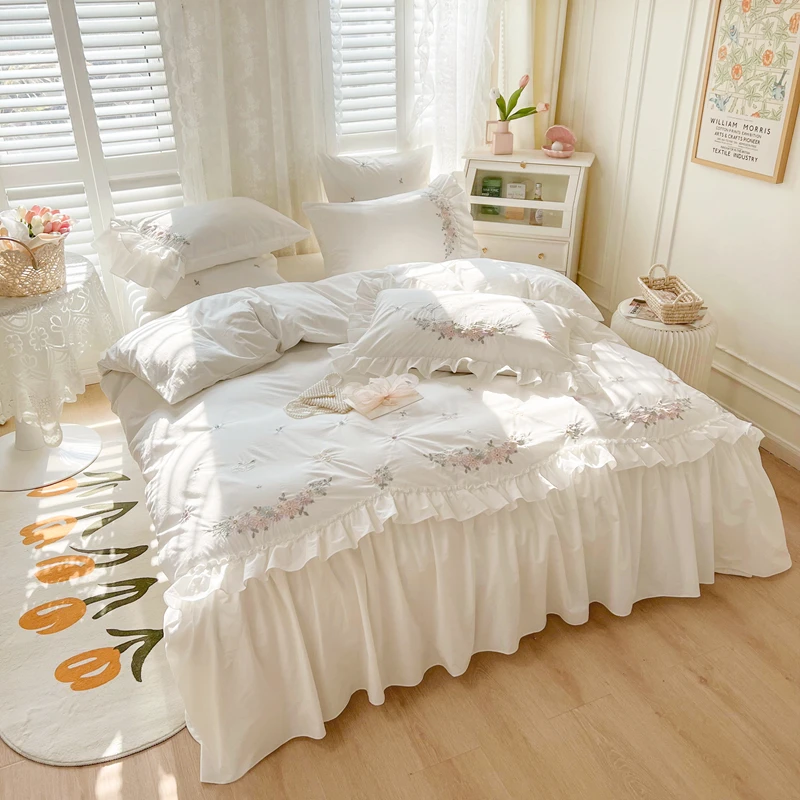 White Princess Flowers Embroidery Bedding Sets Luxury Korean Style 100% Cotton Duvet Cover Bed Skirt Pillowcases Home Textile