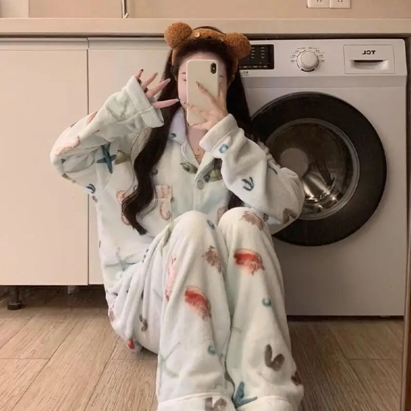 

Осенне-зимний женский пижамный комплект, коралловый флис, толстая, теплая, милая, милая, фланелевая домашняя одежда, кавайный теплый комплект одежды для сна
