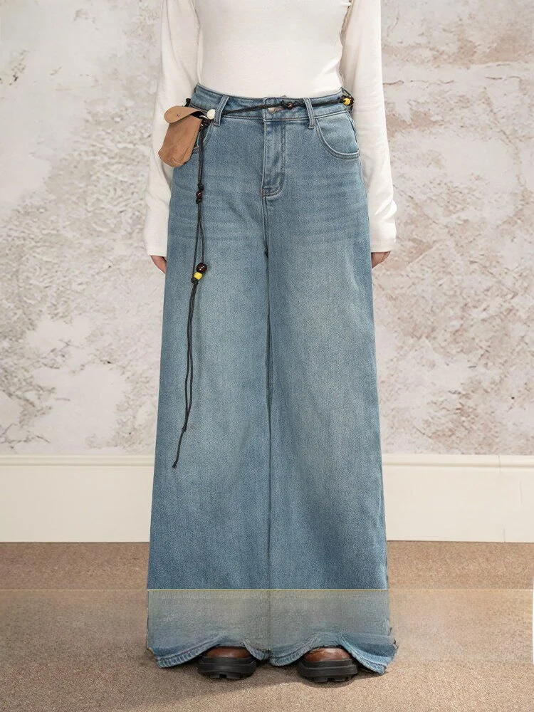 

Blue Floed Wide Leg Jeans Women's Winter Cross Covering Slimming Versatile Long Pants Commute Sle Cotton Polyester Blend