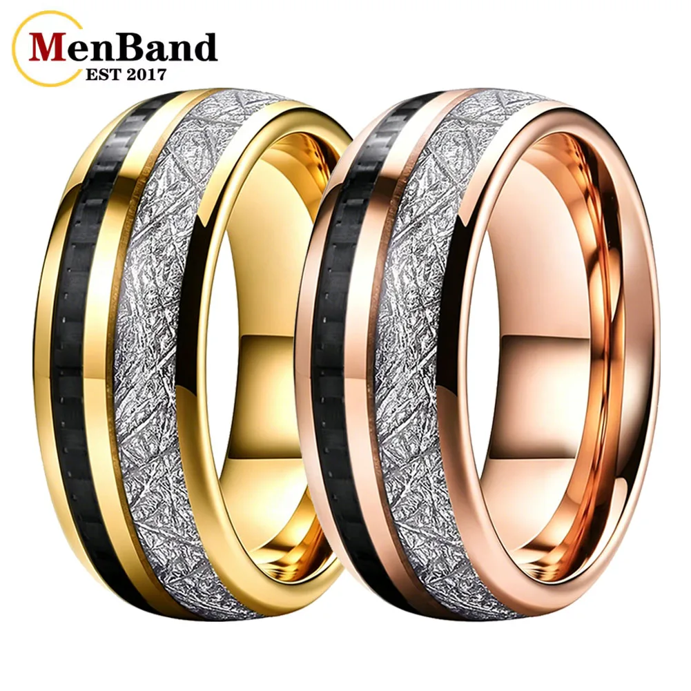 8mm Tungsten Carbide Wedding Band Ring For Men Women With Black Carbon Fiber And White Meteorite Inlay Dome Polished Comfort Fit