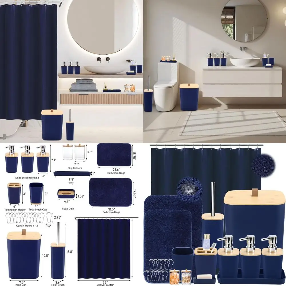 

Navy Blue Bathroom Set with 27-Piece Accessories, Shower Curtain, Rugs, and Trash Can