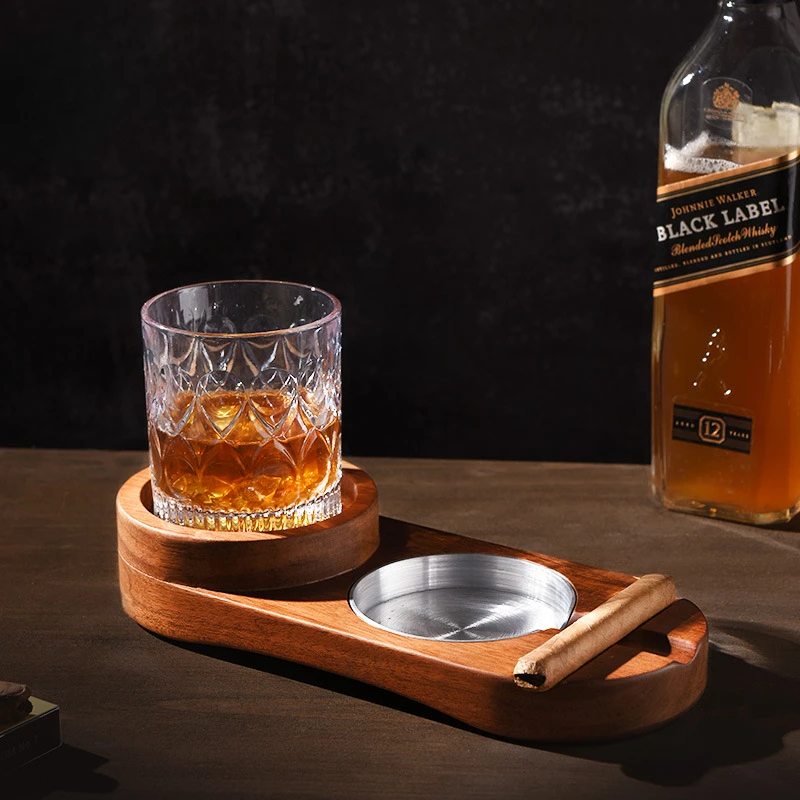 Solid wood cigar ashtray, whiskey cup holder, American creative cigar storage box