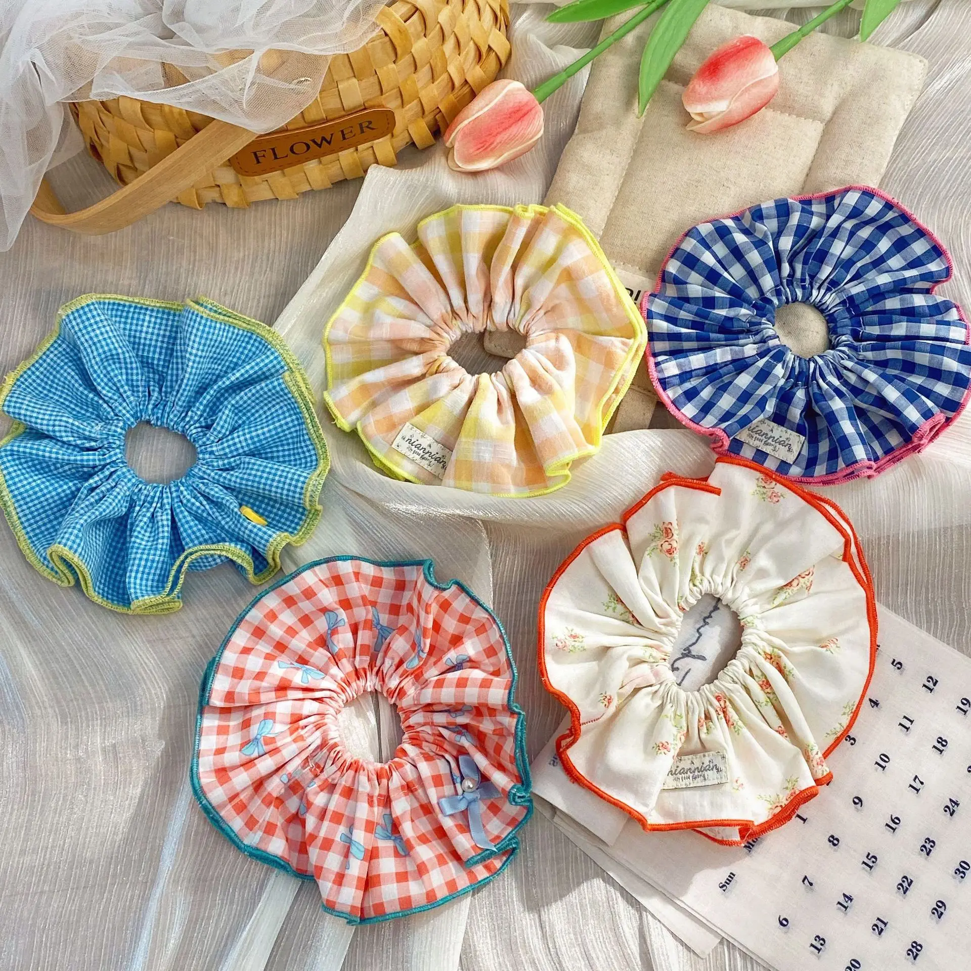 قطعة واحدة من حلقة أمعاء مزدوجة منقوشة متباينة للفتيات الجميلات، فيونكة زهور كورية، حلقة شعر على الأمعاء الغليظة، غطاء رأس بحبل شعر كرات #1