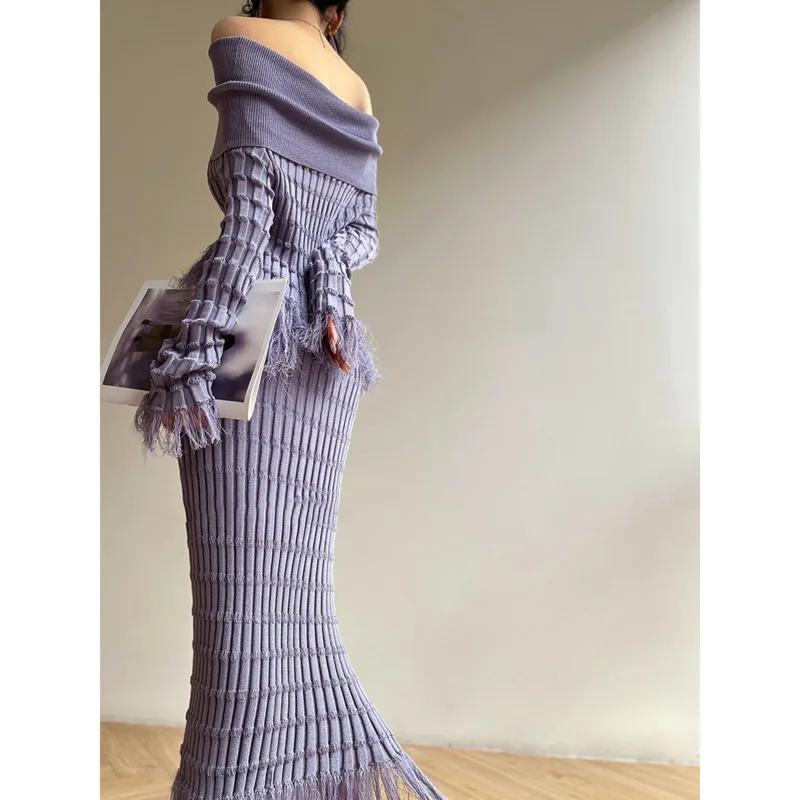 HUISONG élégant 2 pièces ensemble tricoté Slash cou pull gland ourlet mince taille élastique hanche enveloppement a-ligne costume printemps 2025 nouveau 3bi85f