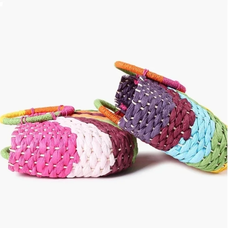Bohemian Color Contrast Straw Bag Rainbow Color Design Women's Hand-made Paper Weaving Handbag Summer Seaside Holiday Beach Tote
