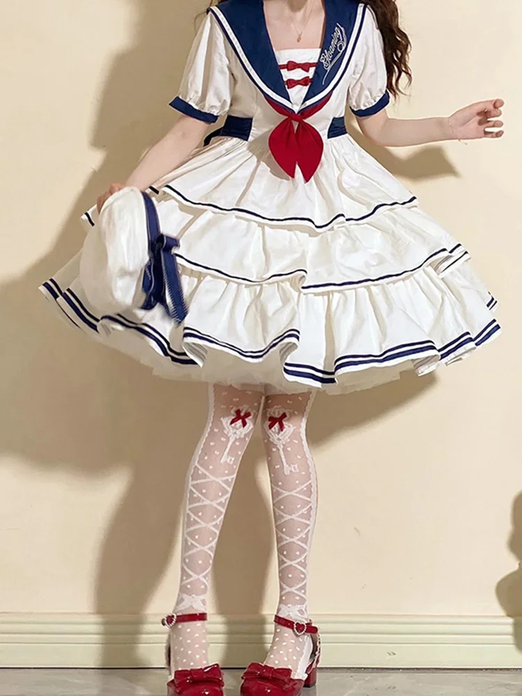 Robe de Style Lolita Élégante à Manches Courtes pour Fille, Col Marin, Bleu Marine, Preppy, Blanc, Op Academy, 03/Jupe