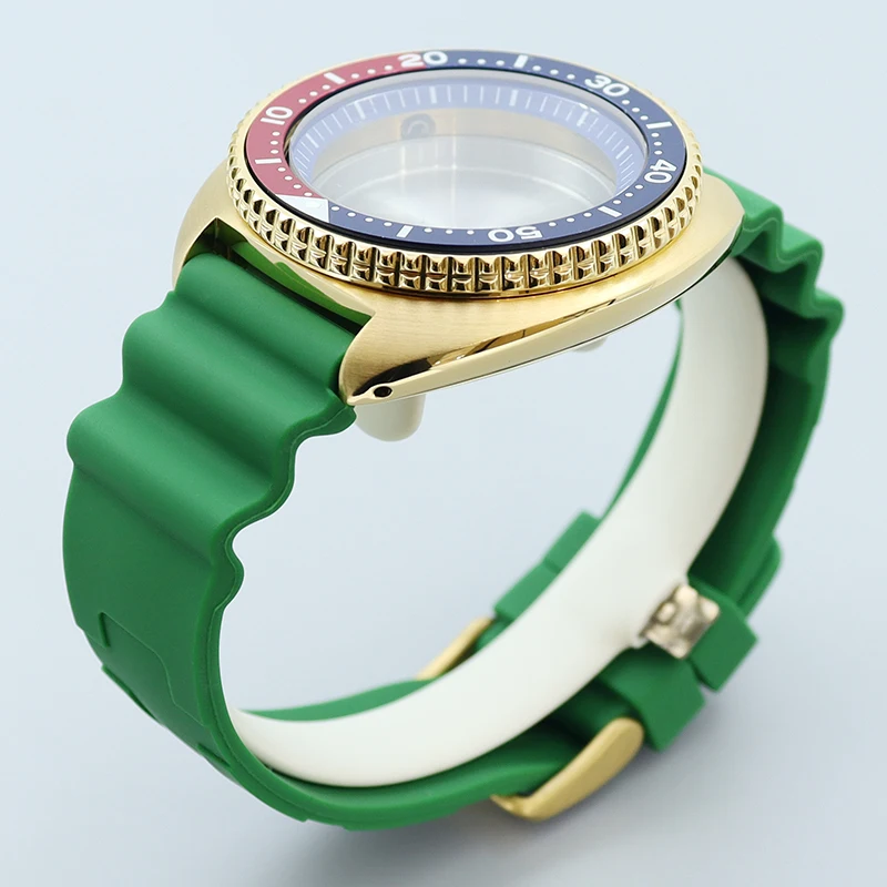 Funda de reloj 009 dorada, correa de goma verde, zafiro, compatible con atún, Tortuga, Seiko, NH35, NH36/38, movimiento, anillo de sección azul, esfera de 28,5mm