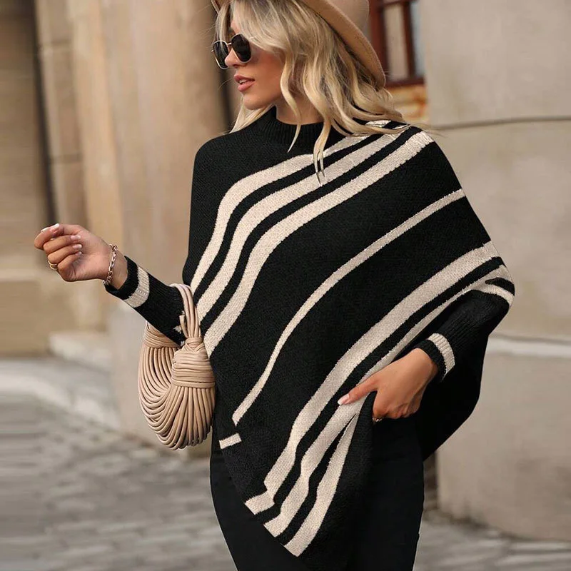 

Ladies Autumn Sweater Women Casual Commuter Jumpers Knitted Stripes Loose Oversize Warm Tops Asymmetric Elegant Chic Sweaters