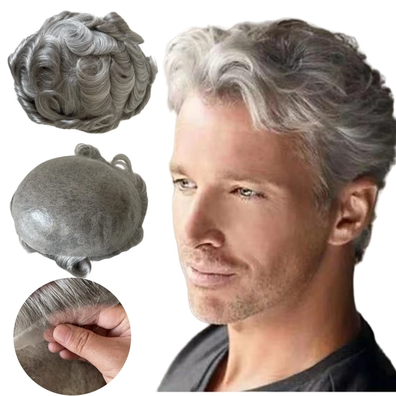 

Brazilian Virgin Human Hair Replacement #2Grey 32mm Wave Toupee Full Lace Unit for Old Men