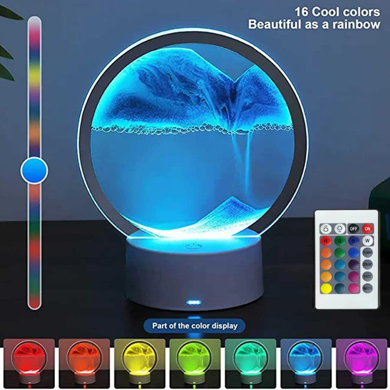 Bedroom Display Moving Sand Art Picture Round Glass Sand Painting Led Light 3D Sandscape Hourglass for Christmas Party
