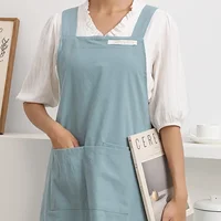 Women Japanese and Korean simple apron denim apron cotton and linen solid color blouse kitchen Florist coffee shop apron 2
