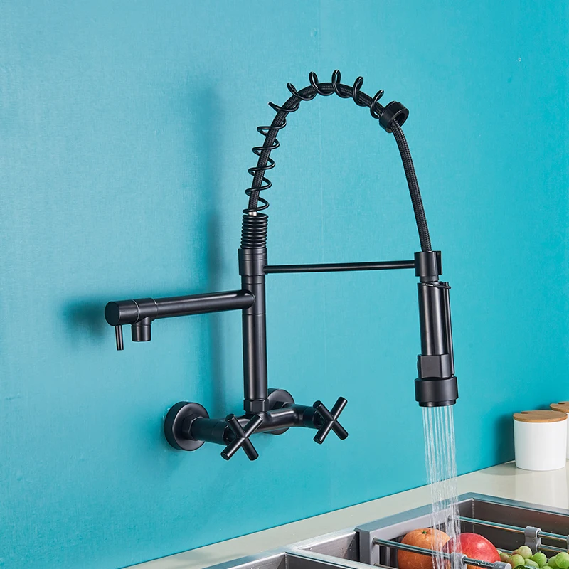 

Matte Black Wall Mounted Kitchen Faucet Hot Cold Water Mixer Tap For Pull Down Spray 360 Rotation Taps