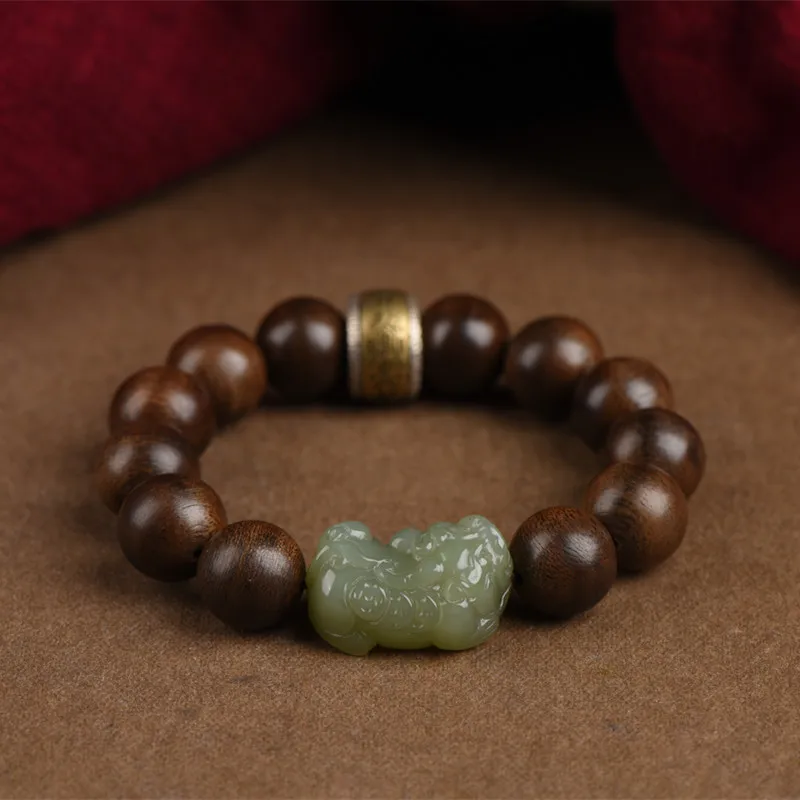 Bracelet Natural Agarwood Men's Women's Same Style Buddha Beads Light Luxury Hetian Jade Lucky Retro Handmade New Chinese Style