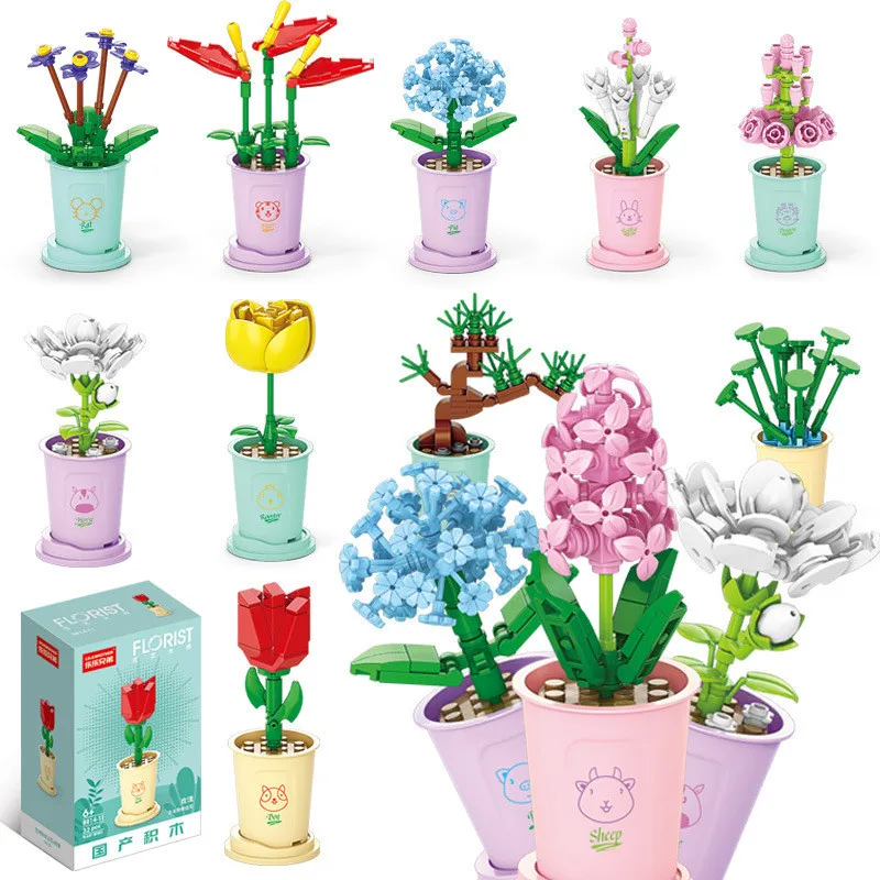 Building Block Bouquet 3D Model Toy Lucky Mini Flowers DIY Assembly Brick Home Decoration Plant Potted Kids Educational Toy Gift