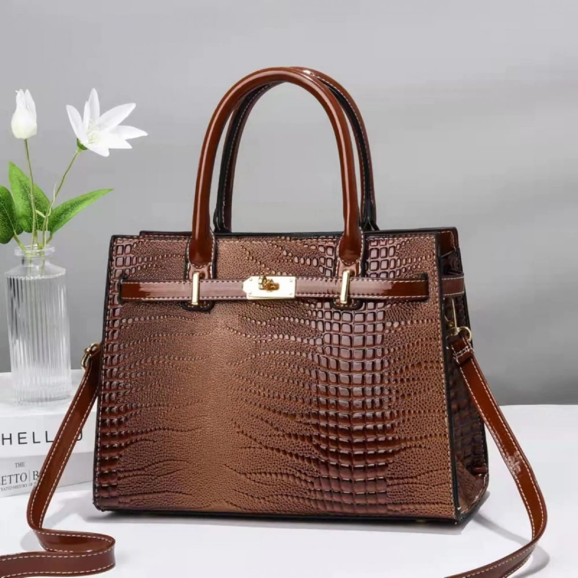 2024 new Kelly shiny leather European and American fashion large capacity single shoulder crossbody handbag