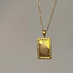 Titanium With 18K Gold Rectangle Sun Moon Pendant Necklace Women Jewelry OL Designer T Show Runway Sweety Boho Japan Korean