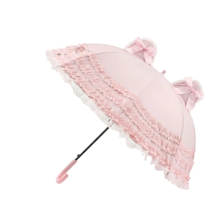 Japanese Style Cat Ears Lace Lolita Princess Umbrella Long Handle Sun Rain Umbrella UPF40+ for Women Wedding Photography