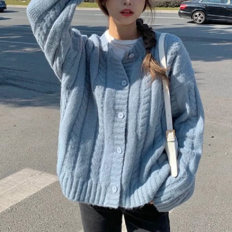 Deeptown Korean Style Blue Solid Cardigan Sweater Women Kawaii Oversize Jumper Female Sweet Girl O-neck Long Sleeve Basic Tops