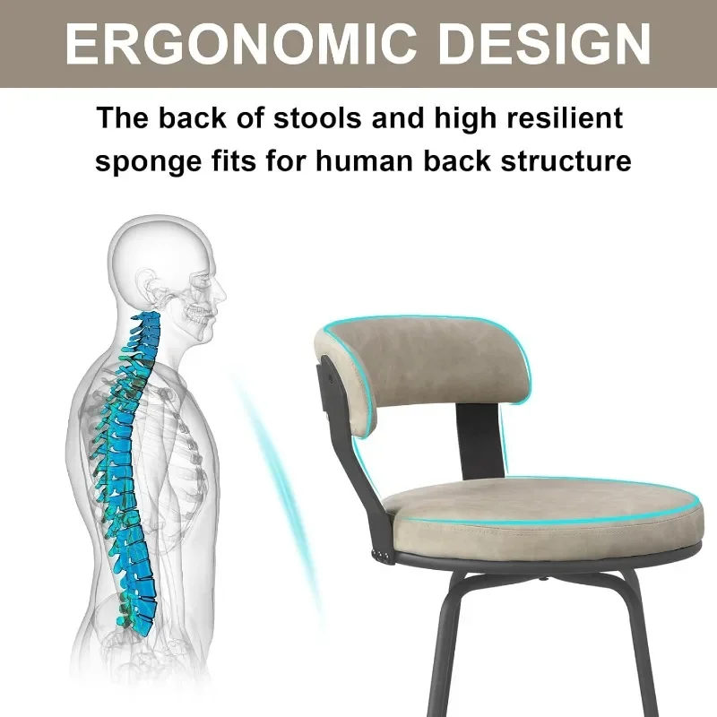 مقاعد بار دوارة مع ظهورين مكونة من 2، مقاعد جلدية بارتفاع 30 بوصة، مسند قدم معدني لغرفة المعيشة في المطبخ وتناول الطعام