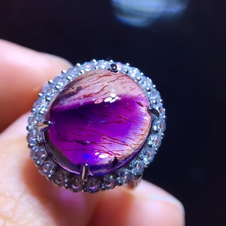 Natural Purple Super Seven 7 Red Lepidocrocite Quartz Adjustable Ring 15/12.7mm Rutilated Women Men Jewelry AAAAAA