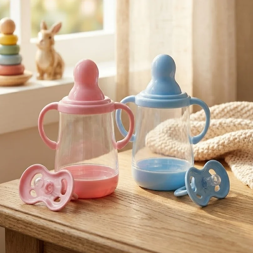 2 Styles Pink&Blue Cuddly Mini Bottle & Pacifier for Silicone Bebe Reborn Dolls High Quality Set Perfect For Doll Gifts