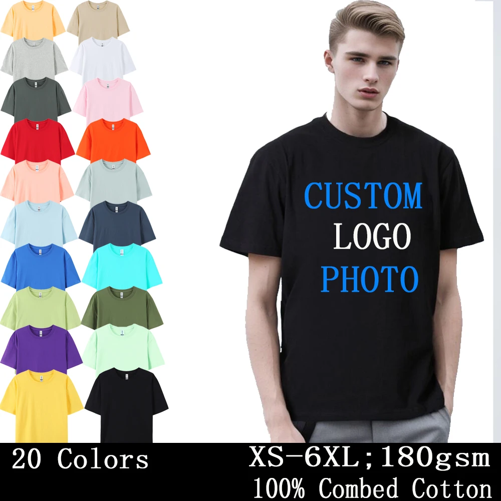 DIY logo Tops & Tees Men's T-shirt Short Sleeve T Shirt 100% Combed Cotton 180gsm Unisex Thread neckline Double needle cuff