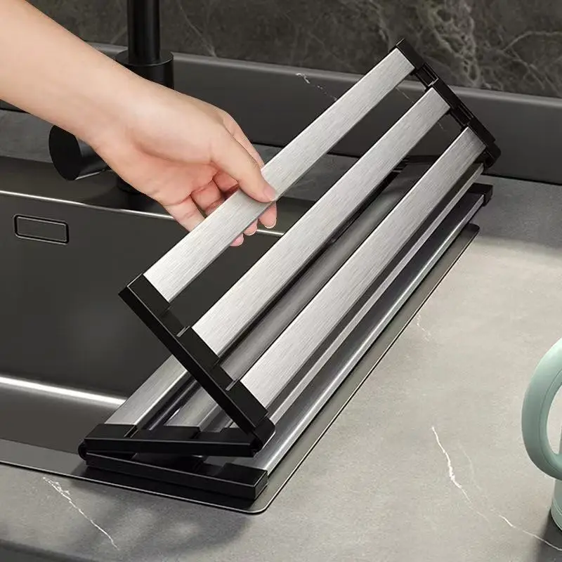 

Foldable Kitchen Sink Drain Rack, 304 Stainless Steel Dish Drying Rack with Silicone Anti-skid Hemming,Retractable Storage