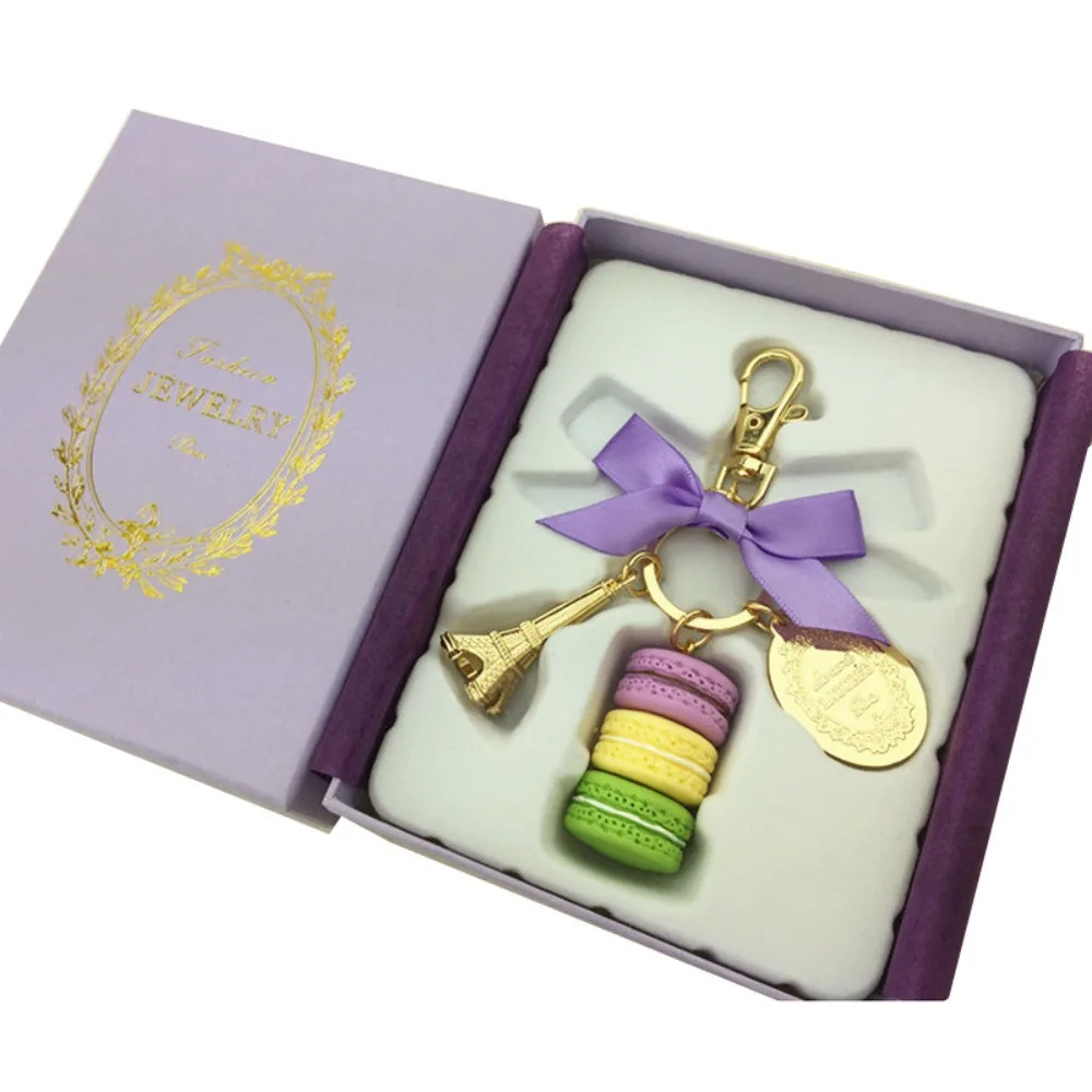Llavero con colgante de tarta de macarrón con lazo de aleación, llaveros de la Torre Eiffel de Color dorado, llavero de macarrón de postre Kawaii, bolso
