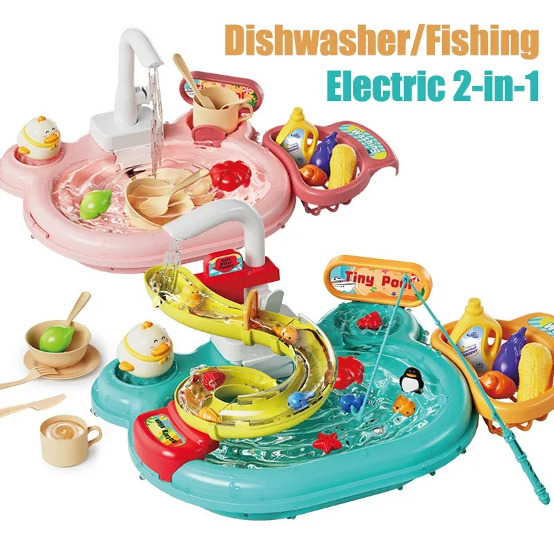 Mainan Pura-pura Bermain Puzzle Anak-anak Mainan Baskom Pencuci Piring Hadiah Mainan Interaktif Dapur 2-In-1 Slide Memancing Montessori