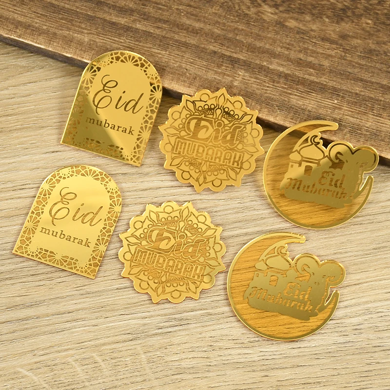 10pcs Eid Mubarak Acrylic Cupcake Toppers Gold Mirror Cake Topper 2024 Ramadan Islamic Muslim Party Decorations Supplies