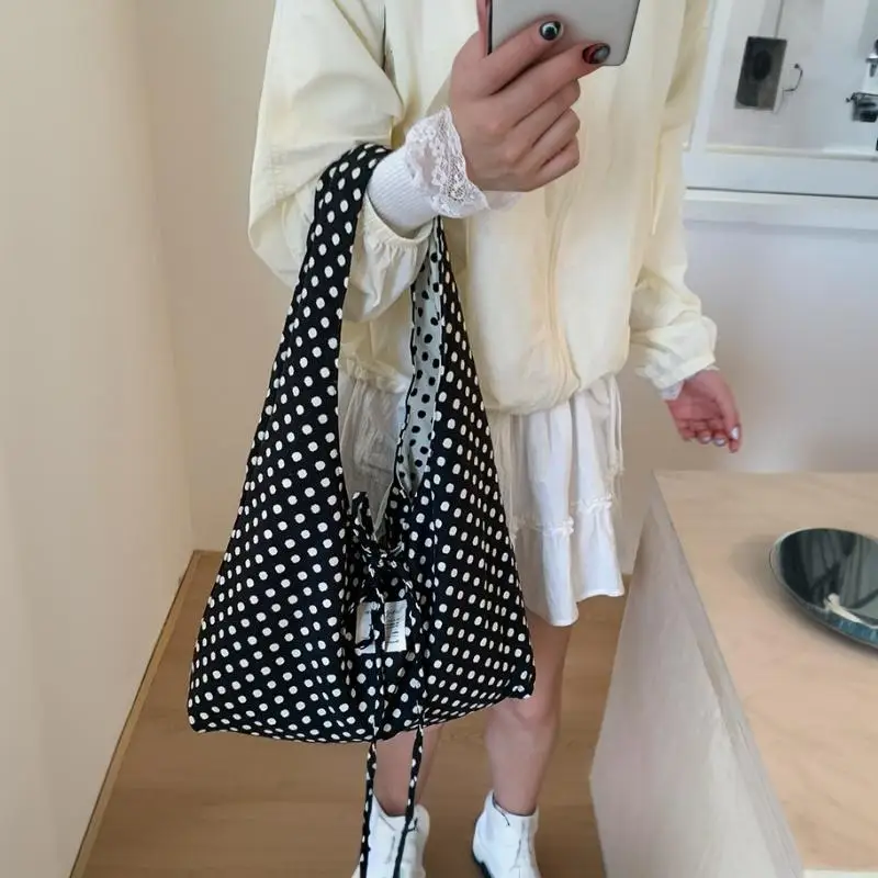 Casual Simple Polka Dots Handbag Korean Double-Sided Shoulder Bag Fashionable Large Capacity Commuting Bag Tote Bag