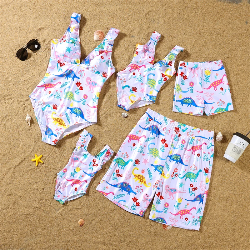 

Dinosaur Family Matching Swimsuits V-Neck Mother Daughter Swimwear Mommy and Me Bikini Clothes Father Son Swimming Shorts