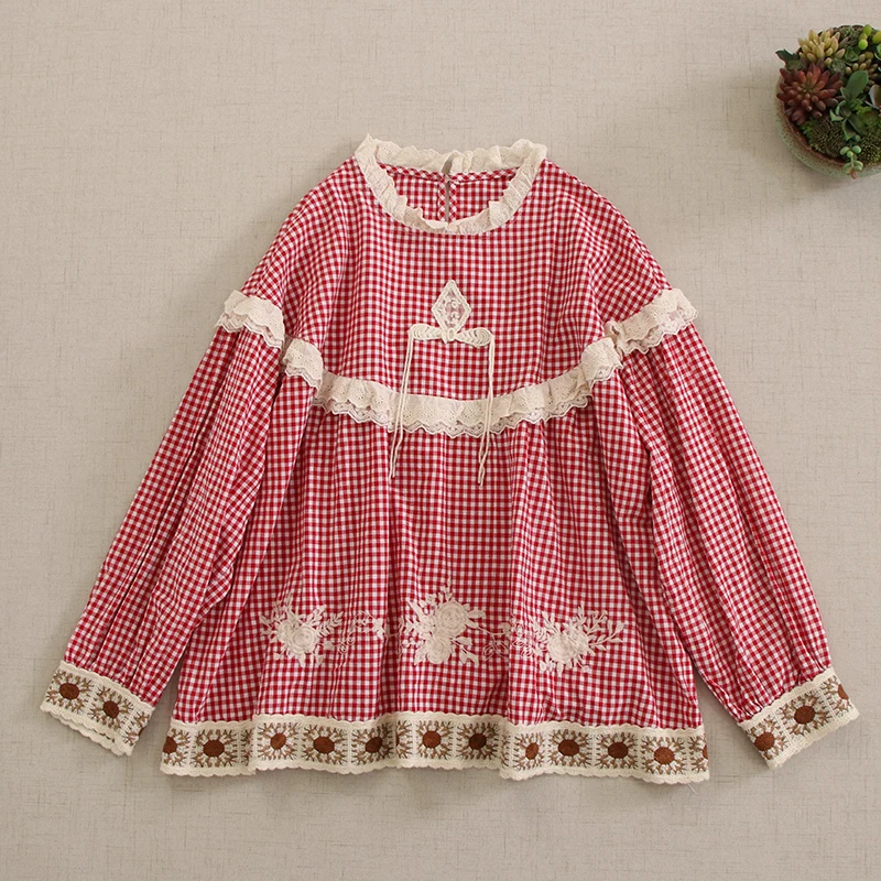 Spring Autumn Vintage Mori Girl Plaid Embroidery Patchwork Shirts Women Japan Style Stand Collar Long Sleeve Casual Loose Tops