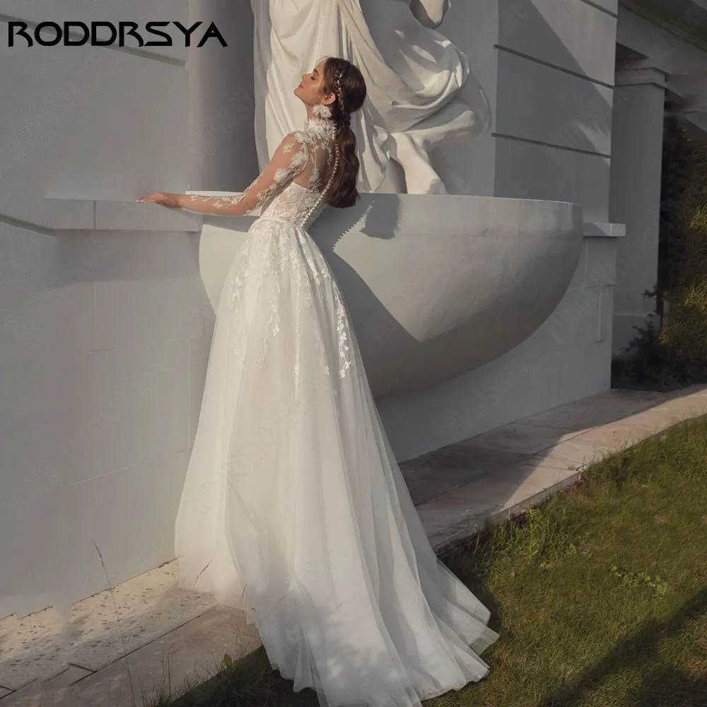 Roddrsya ชุดแต่งงานที่สวยงามแขนยาวคอสูงถอดออกได้รถไฟสาย A-Line Tulle ชุดเจ้าสาว Vestido de Noiva