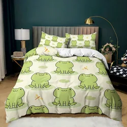 Cartoon Frog Duvet Cover Set Light Green Cartoon Frogs Cute Dragonfly Animal Bedding Set For Kid Twin Size Polyester Quilt Cover