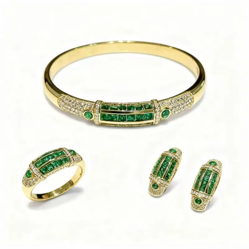 

BELLUX 925, серебро, позолоченный синтетический циркон, изумруд, полный бриллиант, винтажный браслет, серьги, кольцо, тонкий зеленый комплект ювелирных изделий