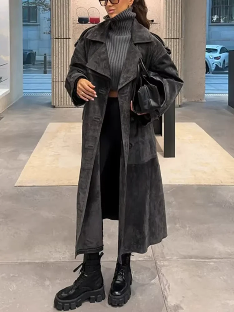 Women's Suede Long Trench Coat Autumn Lapel Single Breasted Full Sleeve Pocket Overcoats 2026 Winter Lady Fashion Street Outwear
