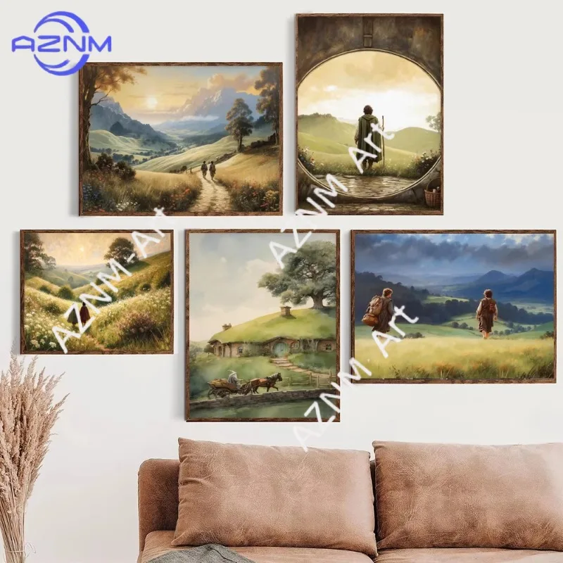 1 Stück Retro Abstrakte Märchenfigur Zauberer-Junge Strohhäuser Landschaft Poster Leinwanddruck Kunstdrucke Bilder Raumdekoration Wanddekoration