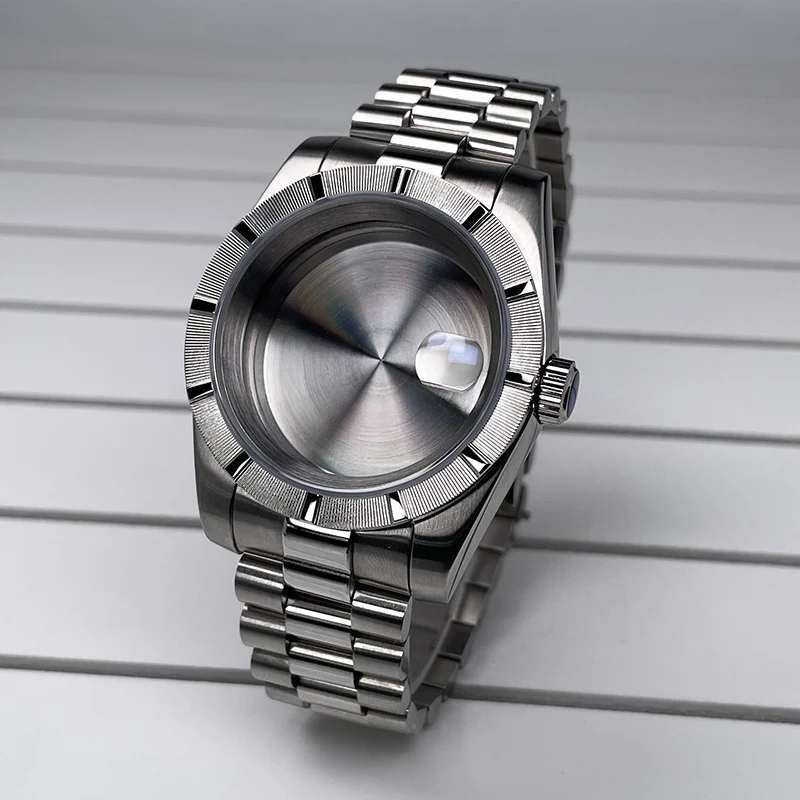 39mm NH35 Case Silver Stainless Steel Sapphire Glass Striped Bezel Watch Case for NH35 NH36 Movement SK Mod Replacement Parts