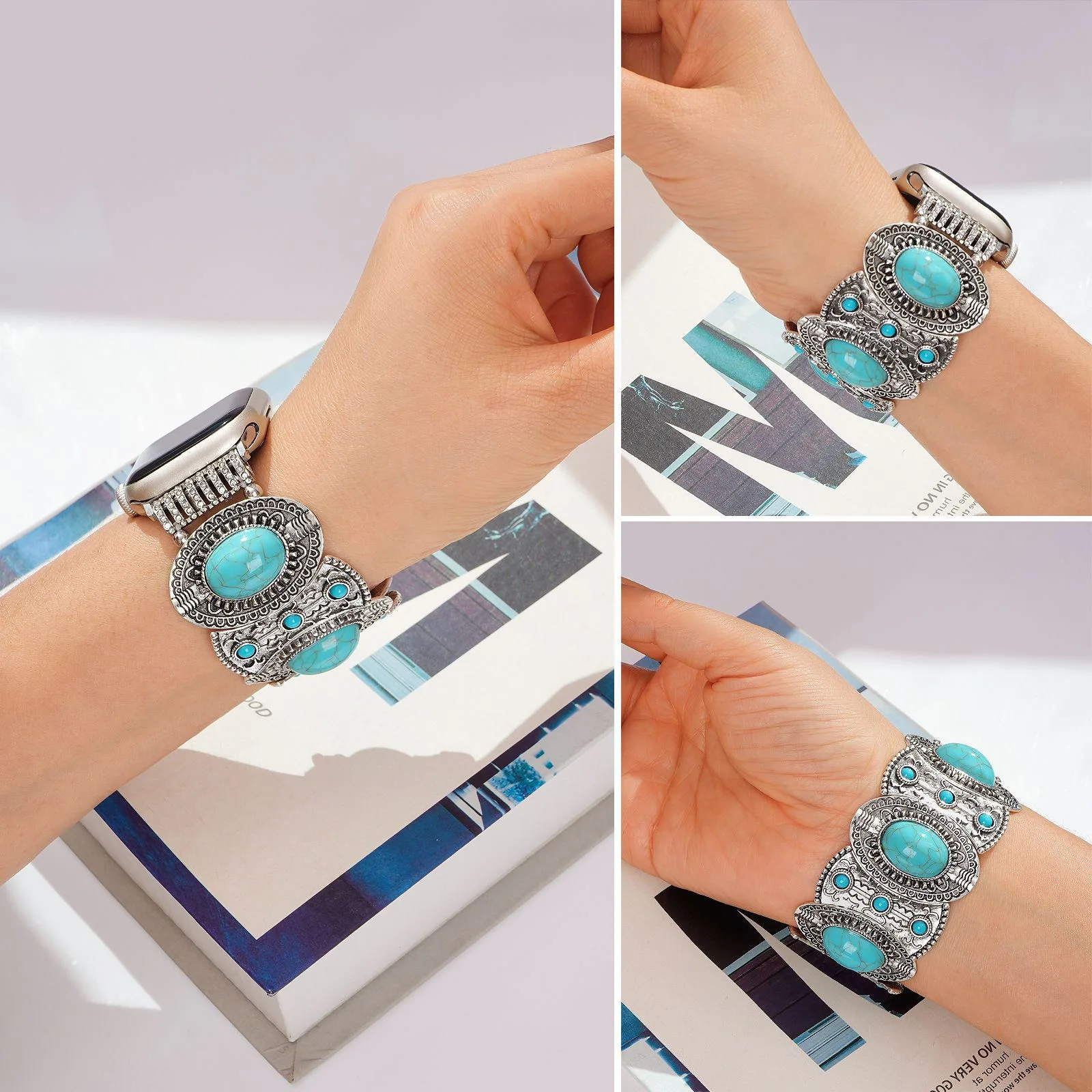 Bracelet Fancy Stylish Stone Metal Link Elastic Watchband for Apple Watch Band Series Ultra 10/9/8/7/6/5/4/3/2/1 SE40/42/46/45