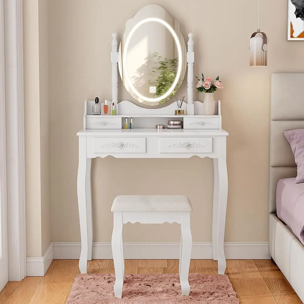 LED Lighted Mirror Vanity Desk with 4 Drawers, Adjustable Makeup Table and Cushion Stool, 3 Color Options, Suitable for Bedroom,