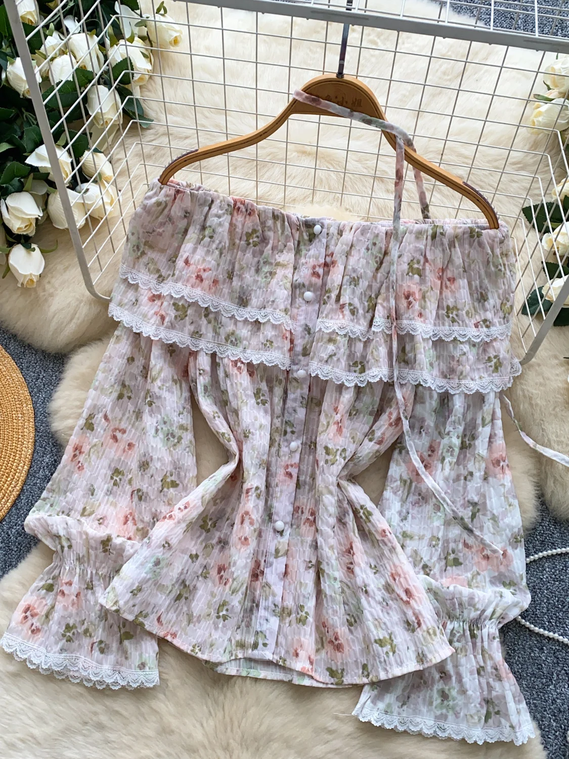 Imprimé Floral dentelle épissure cloche Sve une épaule femmes irt coréen Sle coupe ample longue Sve respirant vêtements de trajet